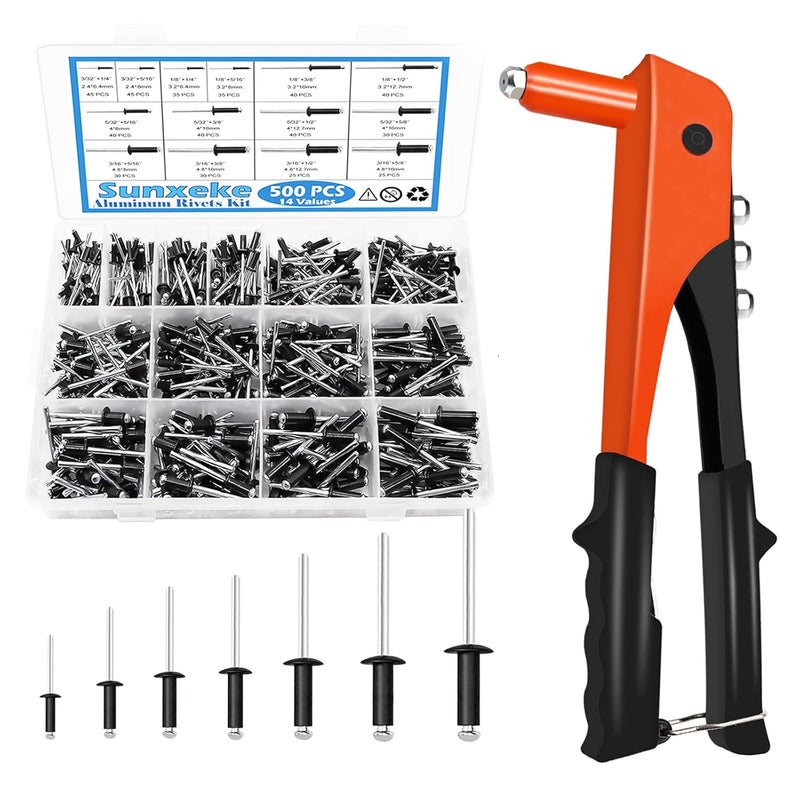 Sunxeke Heavy Duty Riveter Kit,Pop Rivet Gun with Black Pop Rivets Assortment Kit,500PCS 14 Sizes Aluminum Blind Rivets for DIY/Automotive Repairs/Furniture - Image 1